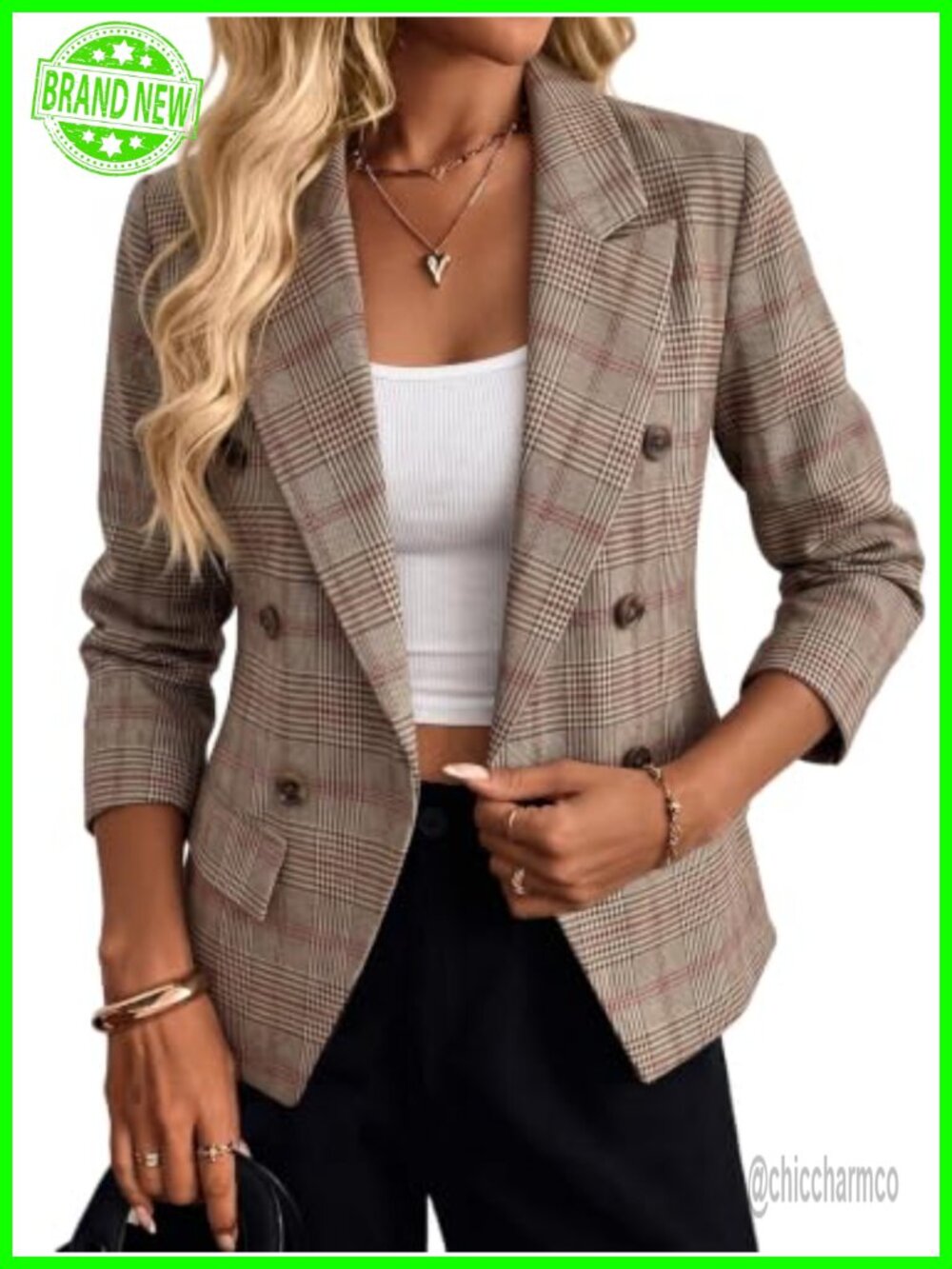 Womens Tweed Plaid Blazer Double Breasted Business Casual Jacket
